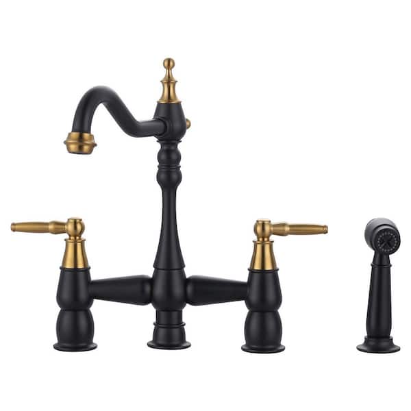 Solid Brass 4 Hole Double Handle Bridge Kitchen Faucet with Side Sprayer Deck Mount in Black and Gold