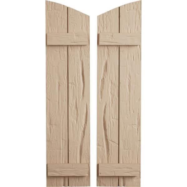 Ekena Millwork 11 in x 84 in Polyurethane Hand Hewn Two Board Joined Board-n-Batten Elliptical Top Shutters Primed Tan