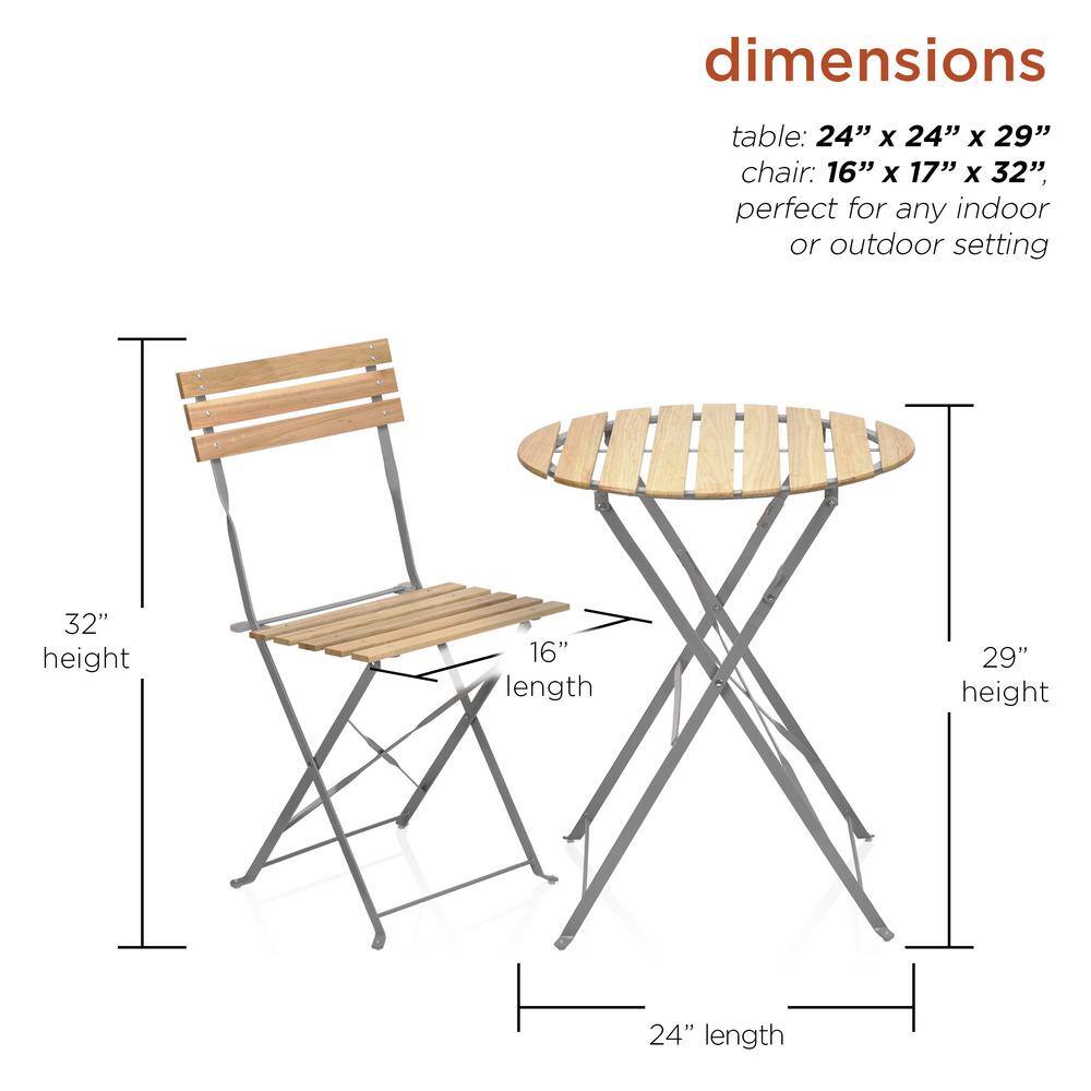 Natural Wood and Metal 3-Piece Folding Bistro Set