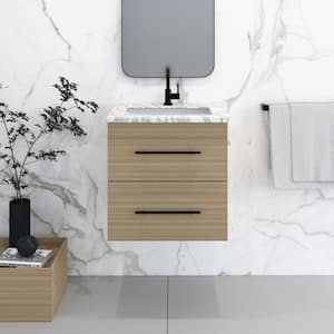 Napa 24 W x 22 D x 21.75 H Single Sink Bathroom Vanity Wall Mounted in Sand Pine with Carrera Marble Countertop