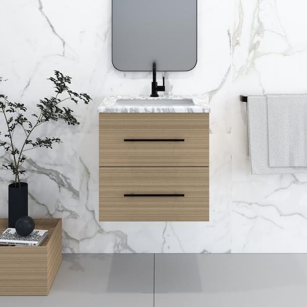 Napa 24 in. W x 22 in. D x 21.75 in. H Single Sink Bath VanityWall in Sand Pine with White Carrera Marble Countertop