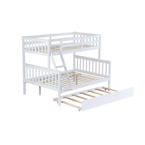White Twin over Full Wood Frame Bunk Bed with Trundle, Convertible Ladder and Guardrail, Detachable, Twin Size Trundle