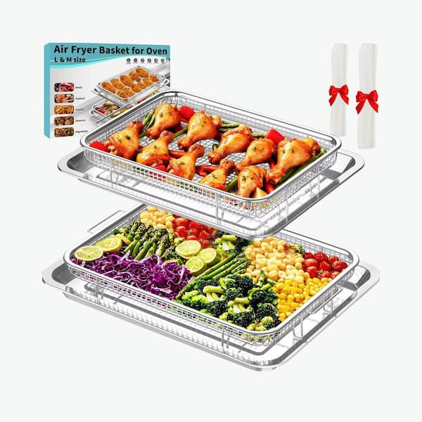 5 qt Stainless Steel Baking Sheet Air Fryer Basket and Crisper Tray Non Stick for Oven Baking Chicken Fries 2 Set