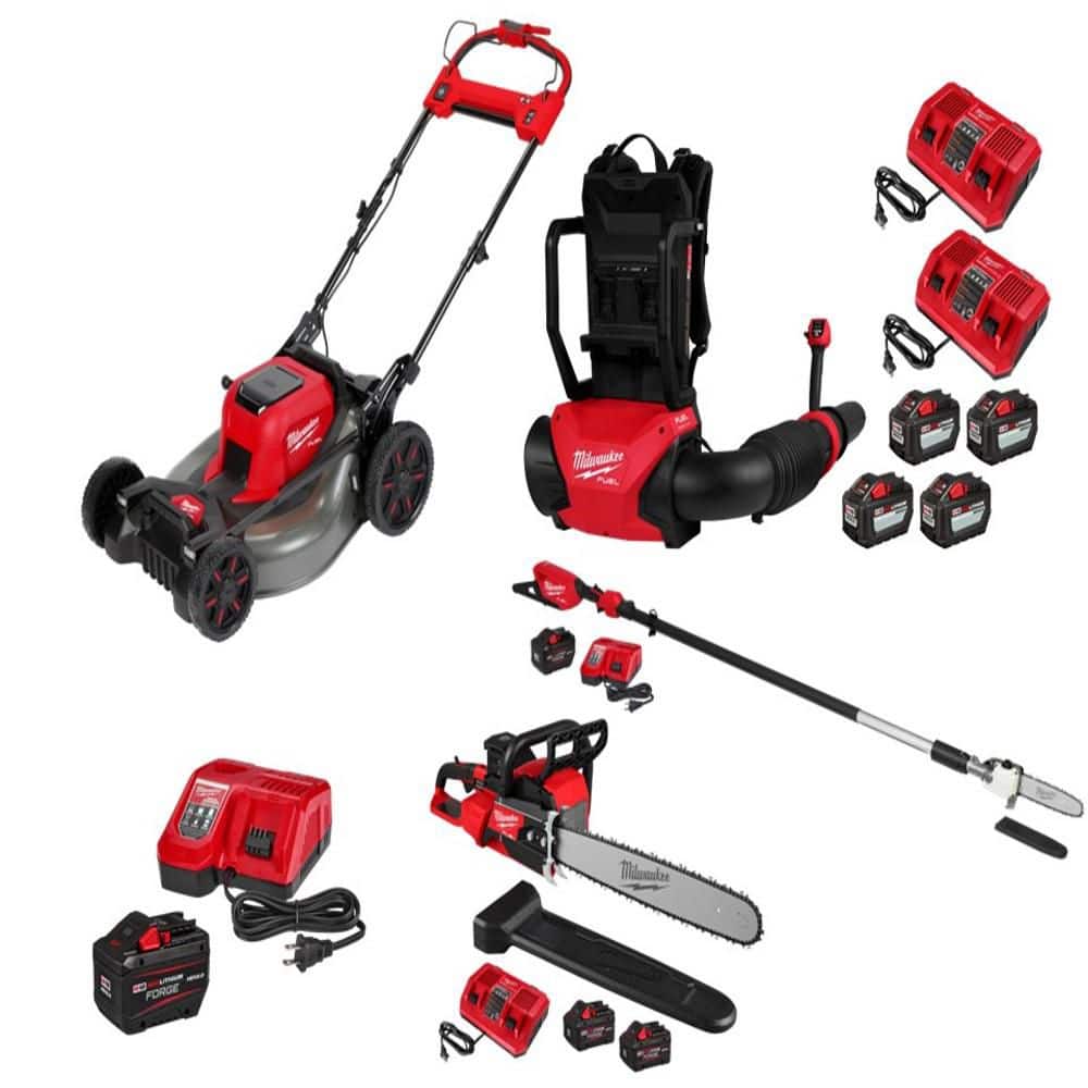 MILWAUKEE M18 FUEL Brushless Cordless 21 in Dual Battery SP Mower w/ FORGE Starter Kit, Backpack Blower, Chainsaw, Pole Saw (2823-20-48)