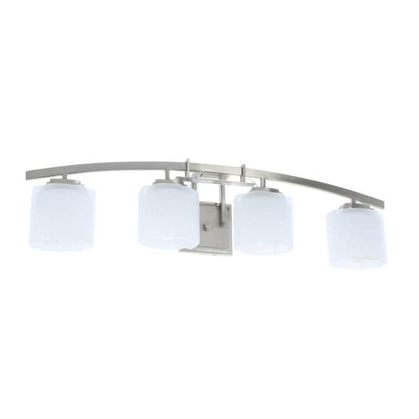 Hampton Bay Architecture 4-Light 32.75 in. Brushed Nickel Transitional Bathroom Vanity Light with Etched White Glass Shades