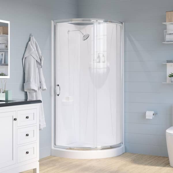 Breeze 34 in. L x 34 in. W x 77.36 in. H Corner Shower Kit with Clear Framed Sliding Door in Satin Nickel