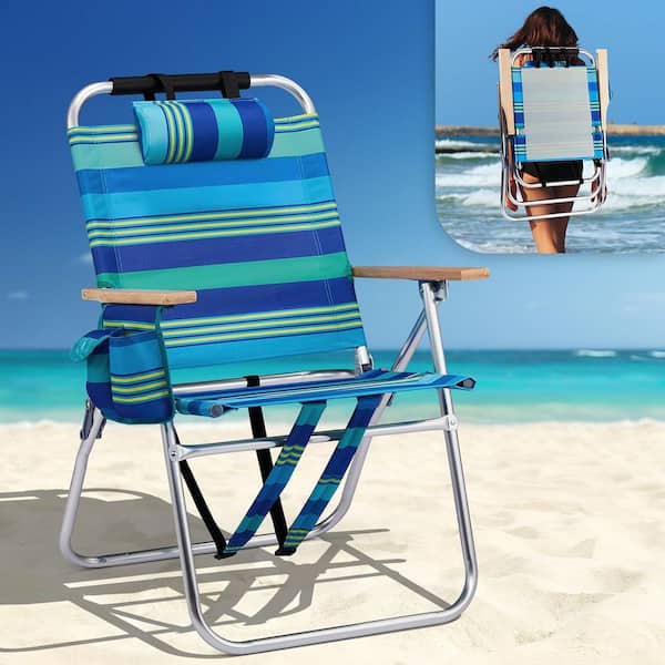 Blue-Stripe Aluminum Frame Oxford Fabric Folding Beach Chair 4-Positions Reclining