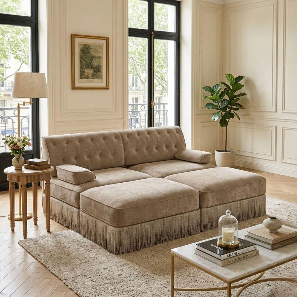 LEON 76.6 in. Pillow Top Arm 4-Piece Velvet Fabric Modular Sofa Set with Tassel Skirt and two Ottomans, in Warm Taupe price history on PriceWatchPro