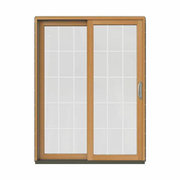JELD-WEN 60 in. x 80 in. W-2500 Contemporary Desert Sand Clad Wood Left-Hand 15 Lite Sliding Patio Door w/Stained Interior