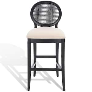 Karlee Rattan Back 40 in. Black Wood Barstools with linen in (Set of 2)