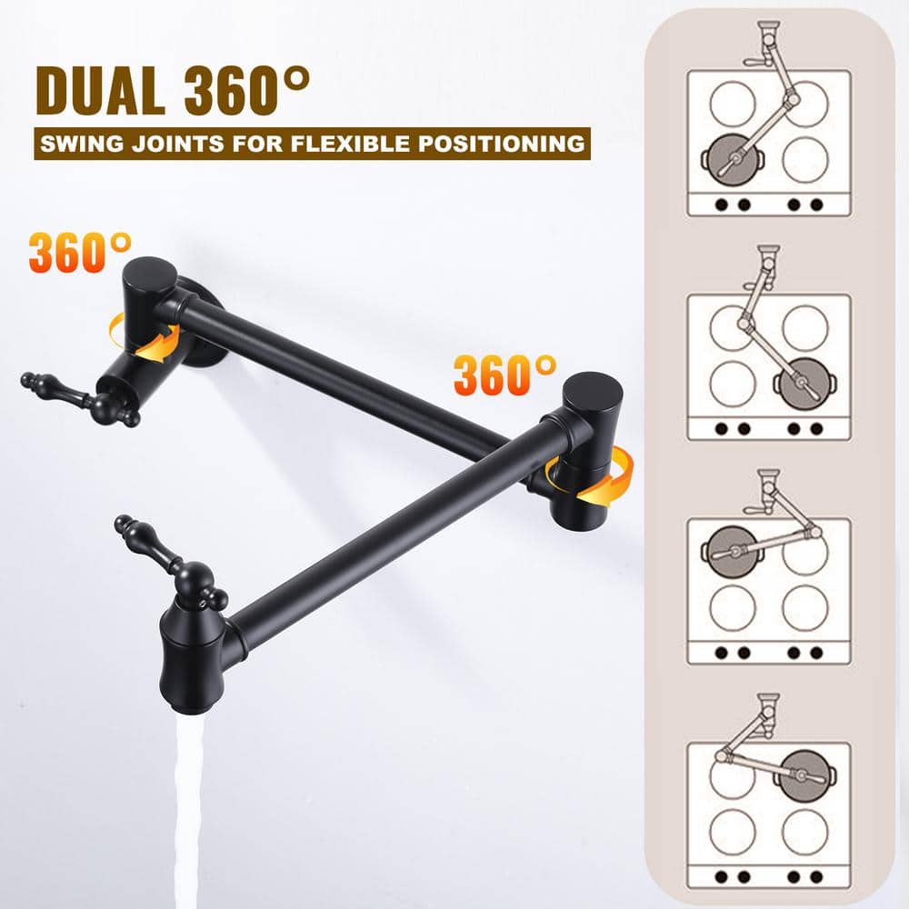 Matte Black Brass Wall Mounted Pot Filler Faucet with Double Joint Swing Arms