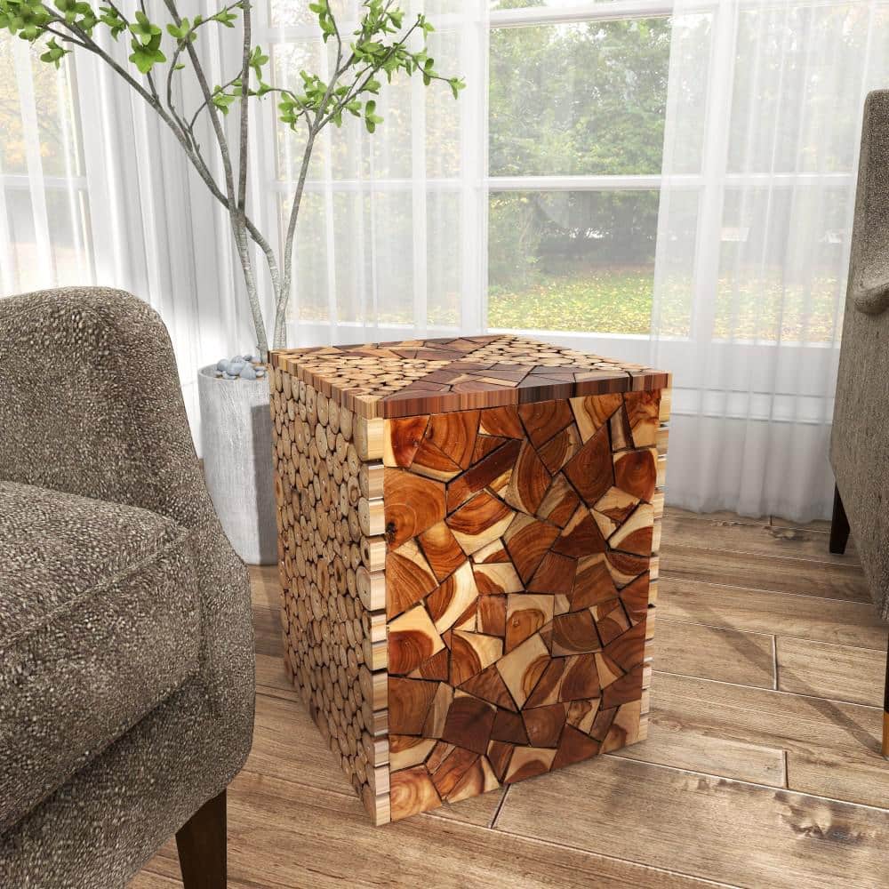 Handcrafted 14" Brown Teak Wood Mosaic Accent Table