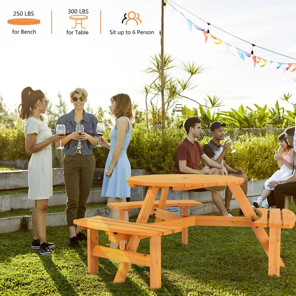 Circular 6-Person Fir Wood Outdoor Picnic Table with Built-In Benches