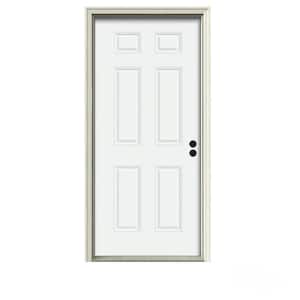 30 in. x 80 in. 6-Panel White Painted Steel Prehung Left-Hand Inswing Front Door w/Brickmould