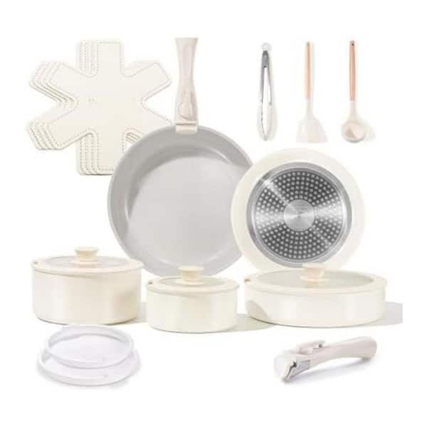 Ceramic Nonstick Pots and Pans Set 19 Piece with Detachable Handle, Induction Cookware Set, Granite Grey and White