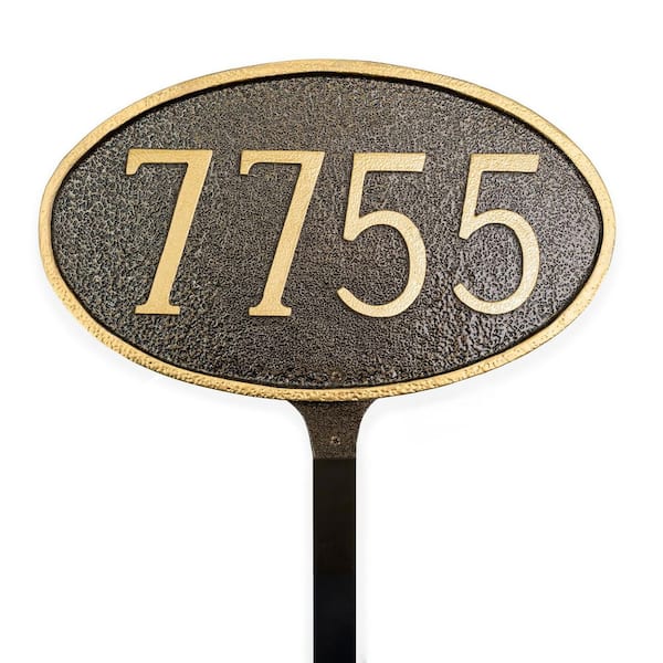 Classic Oval Small Address Sign Plaque with Lawn Stake - Hammered Bronze/Gold
