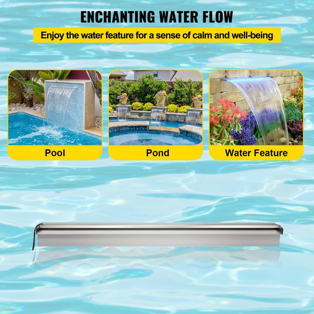 Stainless Steel Pool Waterfall with LED Strip Light, 59 Inch