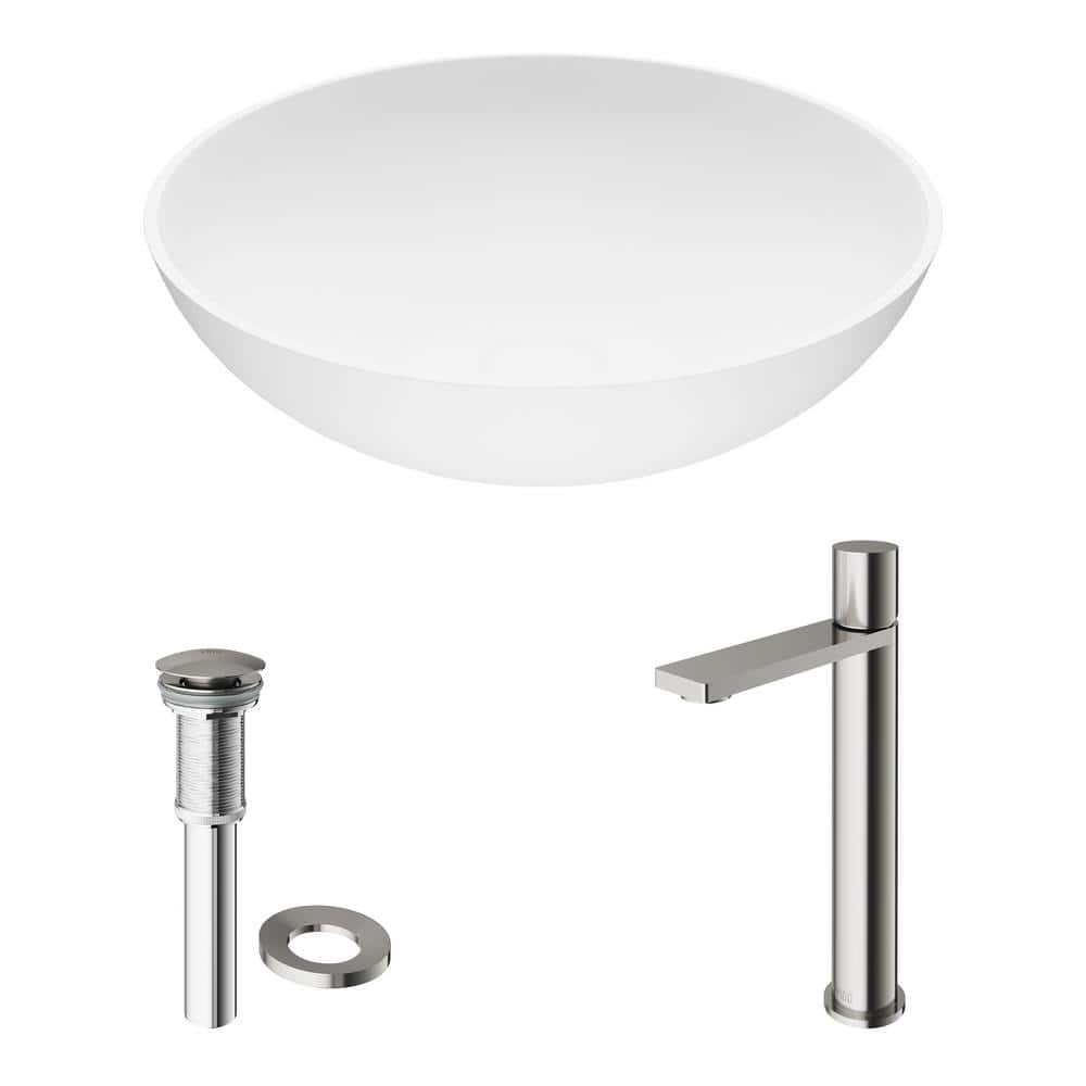 Lotus 16'' Round Matte White Stone Vessel Sink with Brushed Nickel Faucet