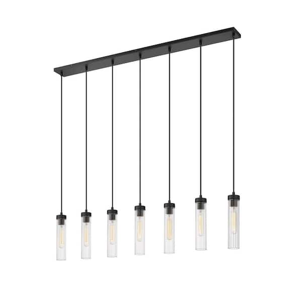 Unbranded Beau 7-Light Matte Black Shaded Linear Chandelier with Clear Glass Shade with No Bulbs Included