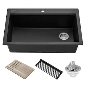 Bellucci Metallic Black Granite Composite 33 in. Single Bowl Drop-In Workstation Kitchen Sink with Accessories