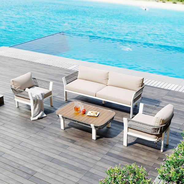 Tenleaf 4-Piece White Metal Patio Conversation Set with Beige Cushions, Coffee Table