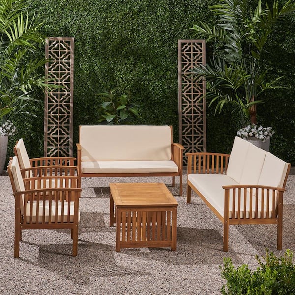 Noble House Carolina Teak Brown 5-Piece Wood Outdoor Patio Conversation Seating Set with Cream Cushions