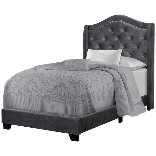 Dark Grey Velvet Twin Size Bed Hd5968t, Twin Size Bed Images