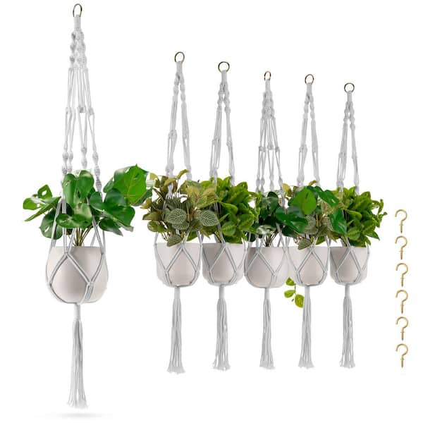 Macrame Plant Hanger, 12 in x 41 in Off-White Cotton Round Indoor/Outdoor Hanging Planter 6-Pack, for Patio, Garden