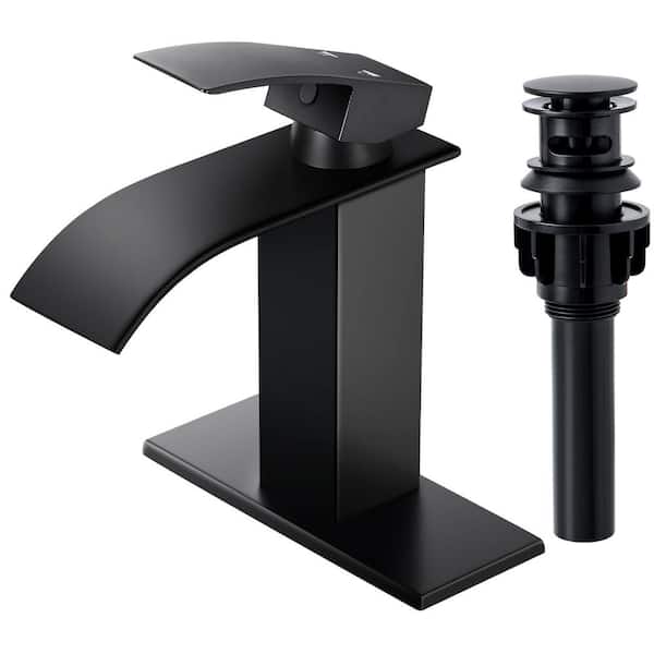 AKLFGN Waterfall Single Hole Single-Handle Low-Arc Bathroom Faucet With Pop-up Drain Assembly in Matte Black