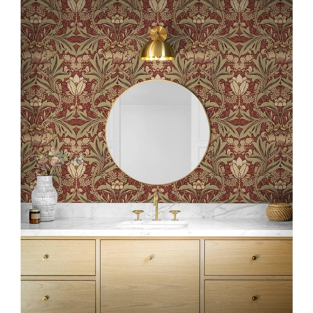 Red Clay and Lichen Floral Pre-Pasted Washable Wallpaper Roll