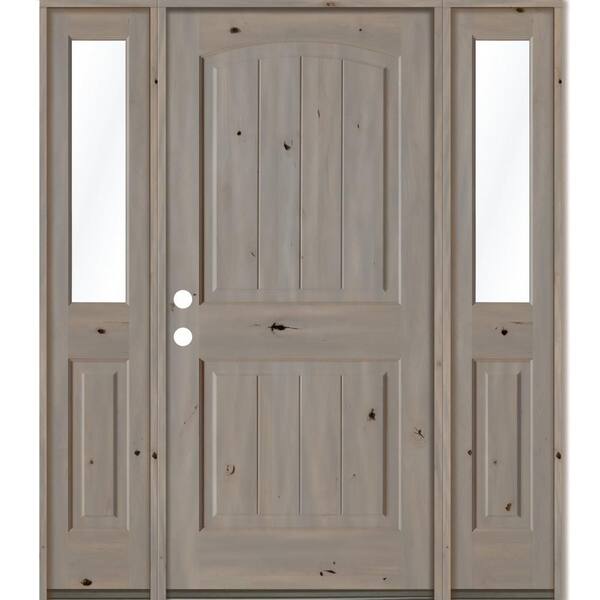 Krosswood Doors 58 in. x 80 in. Rustic Knotty Alder 2-Panel Right-Hand/Inswing Clear Glass Grey Stain Wood Prehung Front Door with DHSL