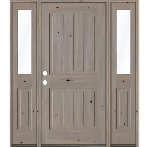 Krosswood Doors 60 in. x 80 in. Rustic knotty alder 2 Panel Right-Hand/Inswing Clear Glass Grey Stain Wood Prehung Front Door with DHSL