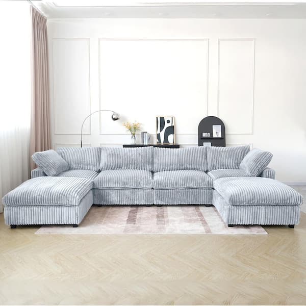 Oversized 157 in. Square Arm Plush Velvet U-Shaped Modular Sofa Lawson Cloud Couch with Ottoman, Washable Covers in Gray