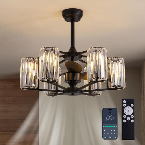 27 in. 6-Light Vintage Downrod Mount Black Crystal Column Fandelier Ceiling Fan with Remote/App Control (No Bulbs)