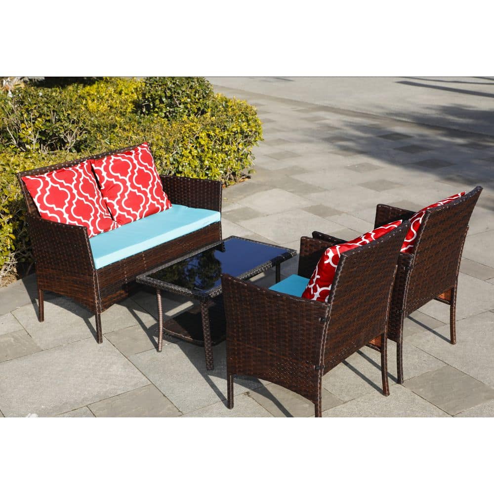 4-Piece PE Wicker Outdoor Sectional Set with Tempered Glass Side Table, 4 Checkered Pillows and Emerald Green Cushions price history on PriceWatchPro
