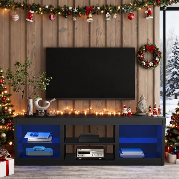 66 in. Black TV Stand Fits TVs Up to 75 in. with 23 in. Insert Electric Fireplace