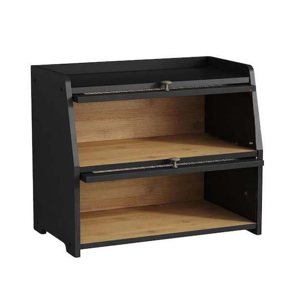 1-Piece Black Double Layer Bread Box Set with Frosted Window and Wood Handle for Kitchen Countertop Storage