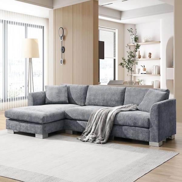 Sally Modern 96 in. Chenille Cloud L Shaped Sectional Sofa in Gray with 2-Pillows, Oversized Chaise