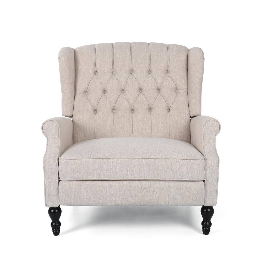 Handcrafted Birch Wood Oversized Beige Recliner with Dark Brown Legs