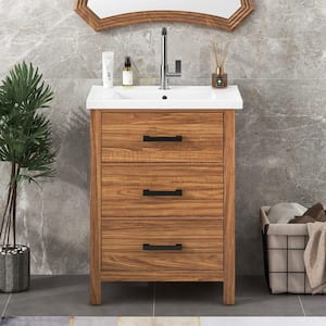 24'' Bathroom Vanity with Ceramic Basin Sink Modern Bathroom Storage Cabinet with 3 Drawers and Single Sink