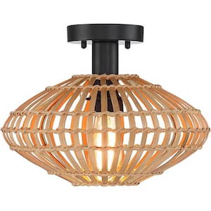 13 in. 1-Light Eclectic Natural Rattan and Bamboo Semi-Flush Mount Ceiling Light with Black Hardware