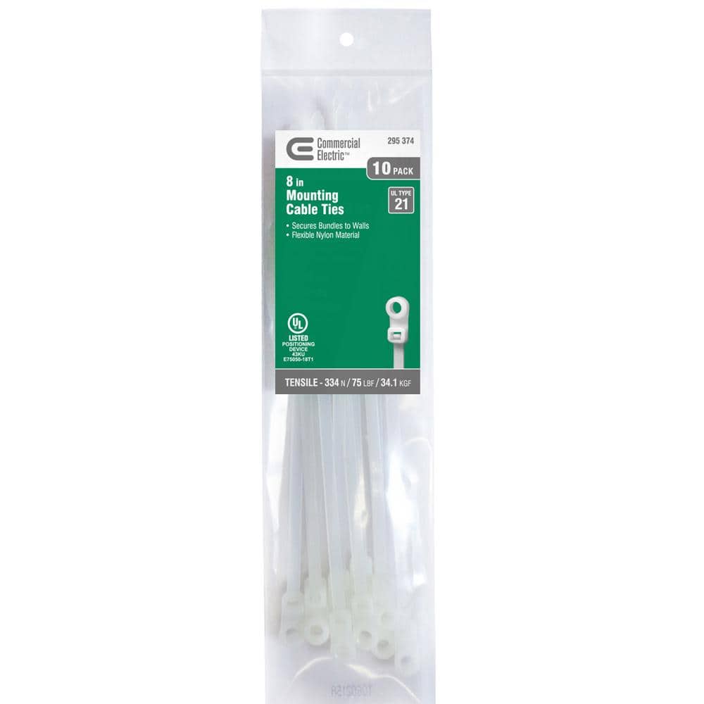 8in Mountable 75lb Tensile Strength UL 21 Rated Cable Zip Ties 10 Pack Natu
