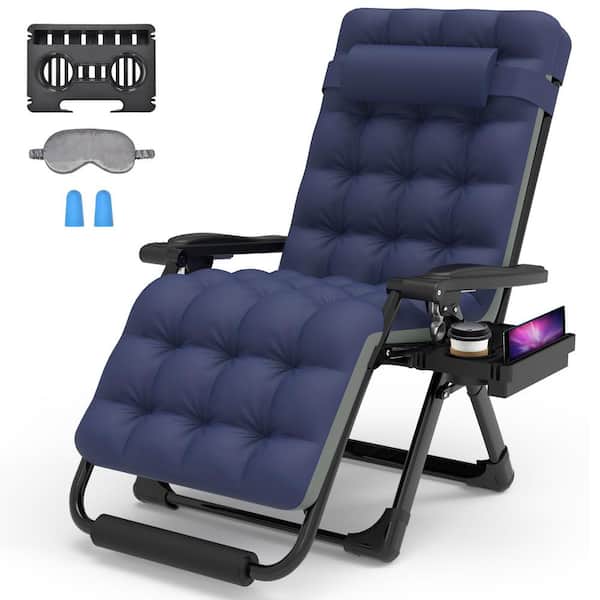 SEEUTEK Koepp 29 in. W Metal Zero Gravity Outdoor Recliner Oversized Lounge Chair Cup Holder and Blue Cushions