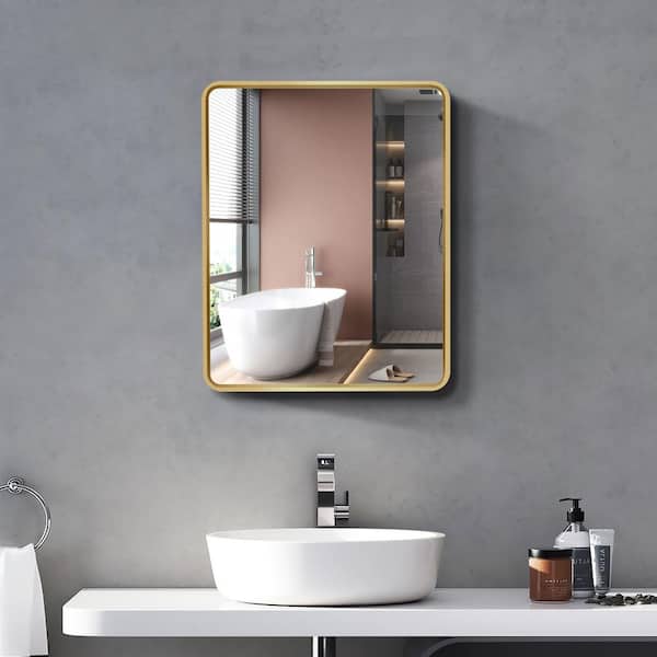 FUNKOL Modern 20 in. W x 28 in. H Rectangular Metal Framed Wall Mount or Recessed Bathroom Medicine Cabinet with Mirror in Gold