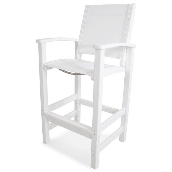 POLYWOOD Coastal White Patio Bar Chair with White Sling
