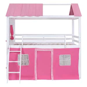 Pink Plus White Full Size Bunk Wood House Bed with Elegant Windows, Sills and Tent