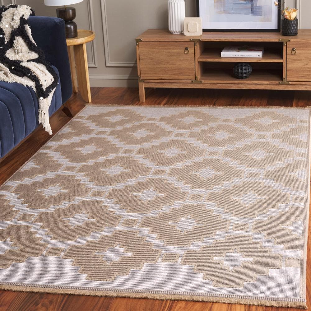 Ivory and Natural Geometric Flat Woven Wool Area Rug