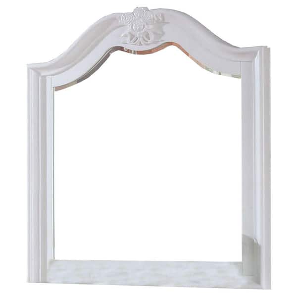 Benjara 39 in. x 43 in. Modern Arch Scalloped Framed White Decorative Mirror with Ornate Floral Carving