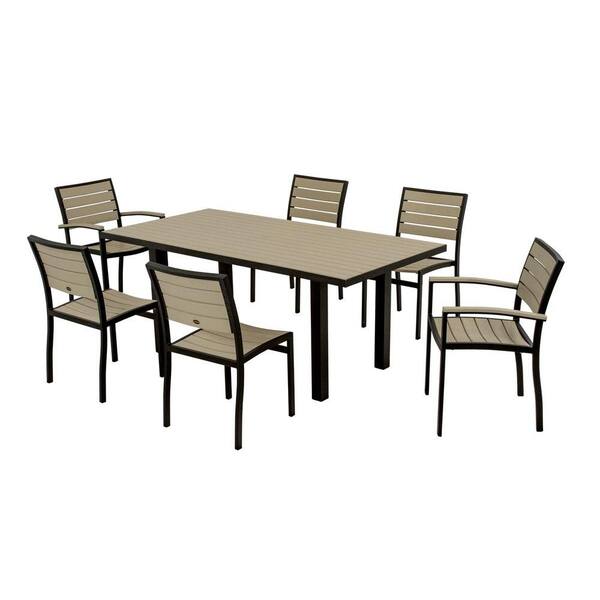 POLYWOOD Euro Textured Black All-Weather Aluminum/Plastic Outdoor Dining Set in Sand Slats