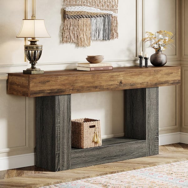 63 in. Gray Rectangle Wood Console Table, Farmhouse 2-Tier Entryway Table with U-Shaped Base for Living Room